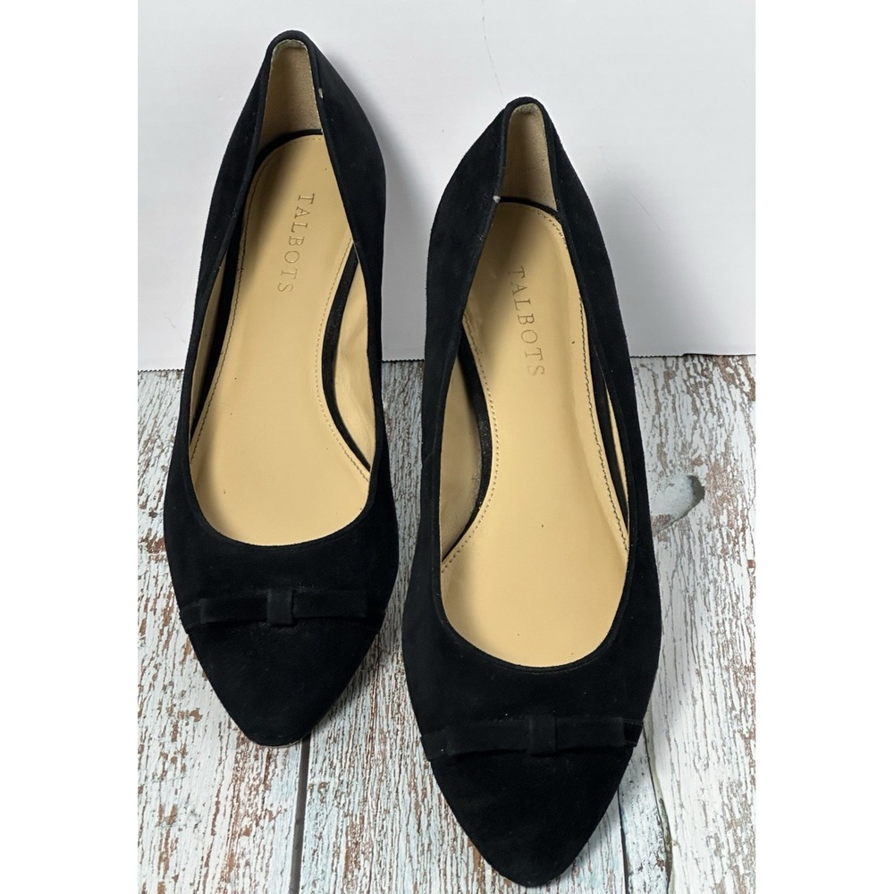Talbots Edison Cap Toe Flats 9.5 M Black Suede Leather Bow Pointed Toe Shoes - Picture 2 of 16